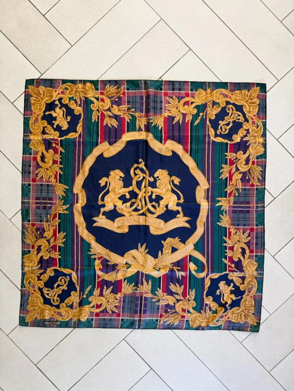 80's 90's Ralph Lauren Lion Crest Tartan & Stripe Silk Scarf